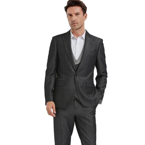 Men's One Button Peak Lapel Double Breasted Vest Suit In Black Sharkskin - Picture 1 of 4